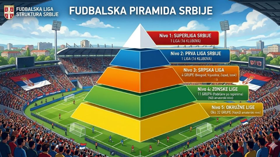 Fudbalska piramida Srbije sa prikazom Superlige, Prve lige, Srpskih liga i nižih rangova
